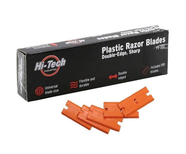 Hi Tech Plastic Razor Blades. Box of 100. Durable double-edged plastic razor blades made of high-quality plastic.  You will these plastic blades suitable to clean residual glue, labels, stickers off painted surfaces, plastic coated or tinted windows, fabrics, wood, decals, glass, ceramic tiles, floor tiles, food scraps on the stove.

 