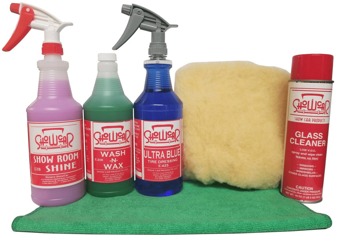 ShowCar Starter Kit with Show Room Shine, Wash-N-Wax, Ultra Blue, Glass Cleaner, a wash mitt, and a towel